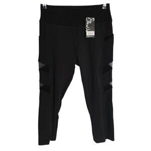 GM Fashion USA Womens Black Mesh Panel Capri Leggings Pockets Size L/XL